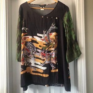 Citron Santa Monica Asian Print 3/4 Sleeve Blouse size S Tunic